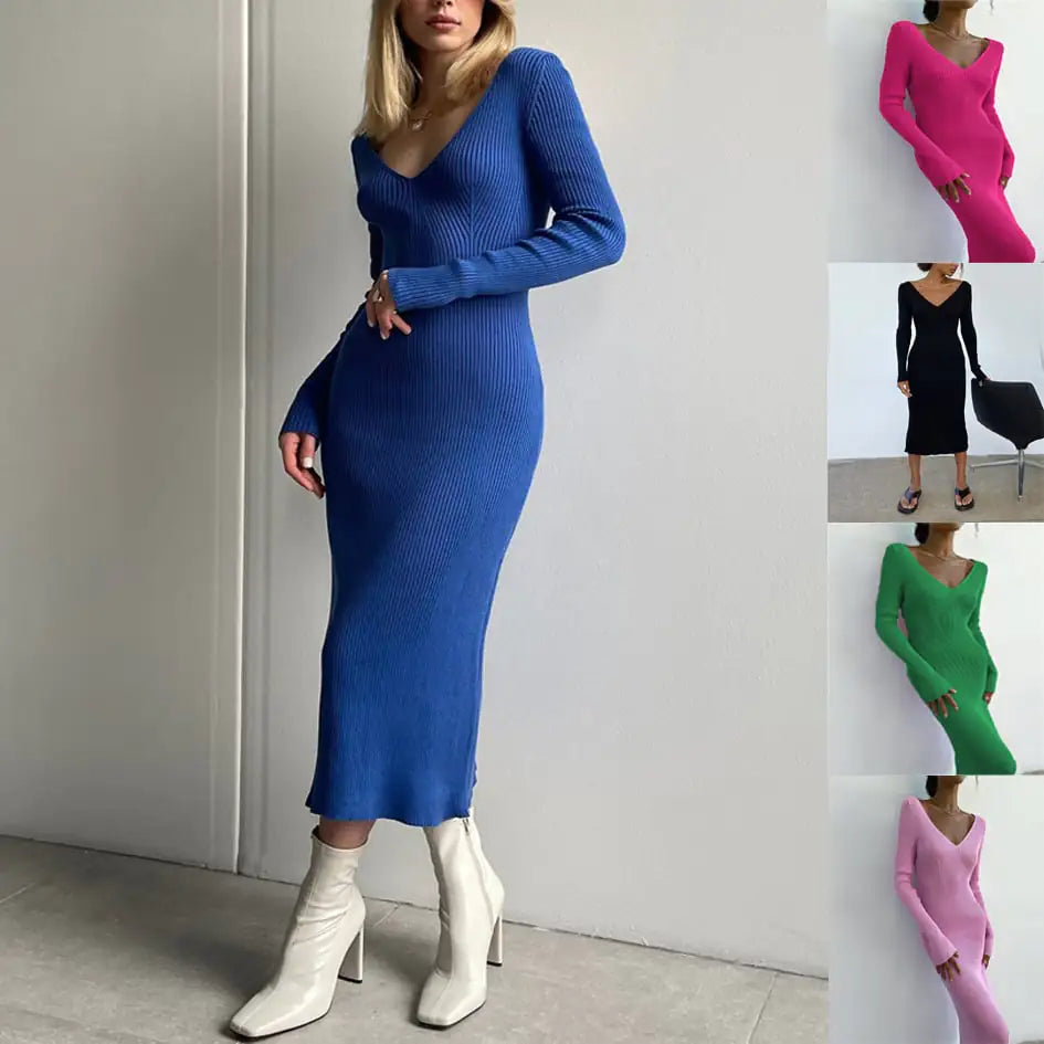 Long-Sleeved Knitted Women's Striped Dress Skirt