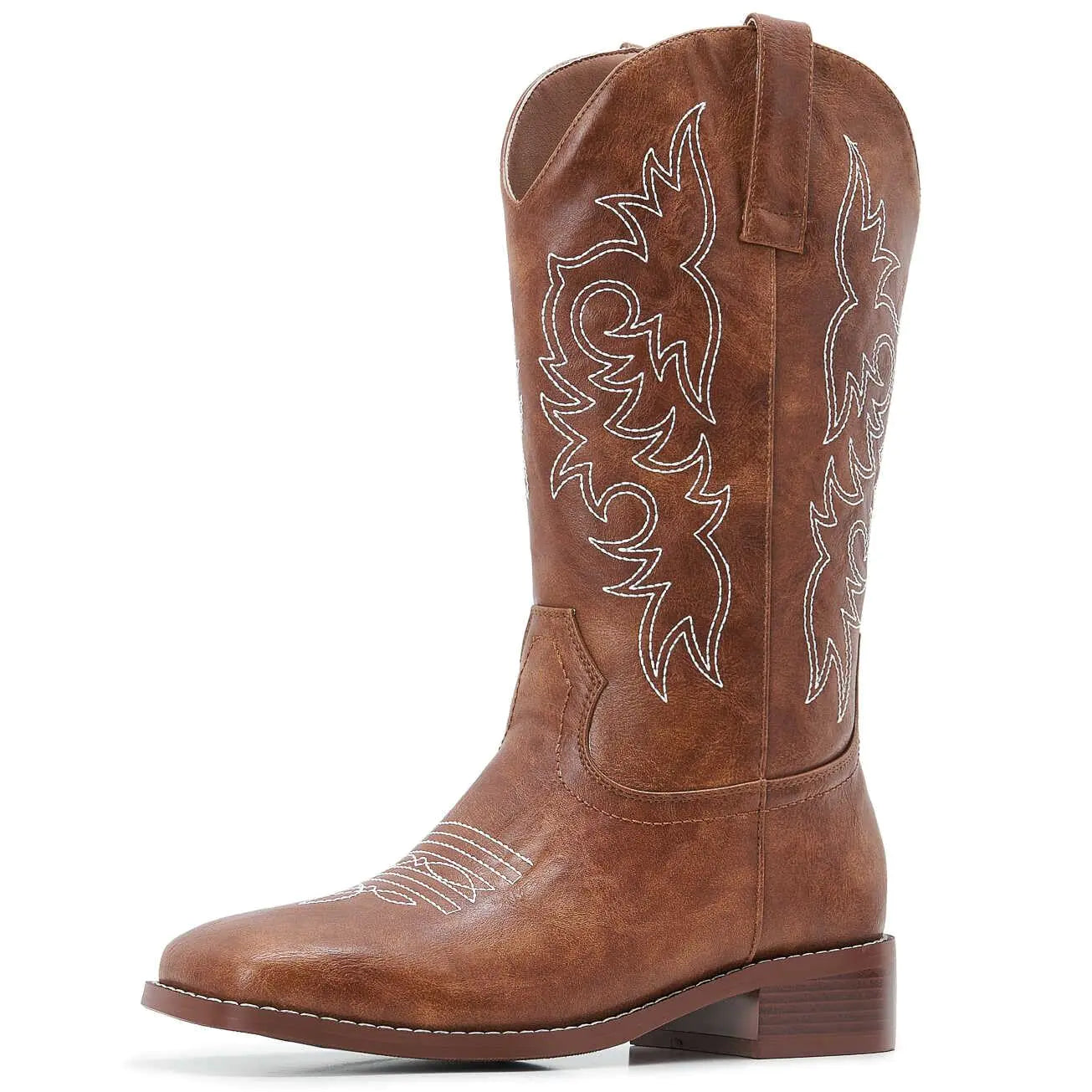 ZXHYZLZ Brown Cowboy Boots For Women，Square-Toe Cowgirl Boots，Botas Vaqueras Para Mujer，Classic Embroidered Slip On chunky Heel western Boots，Size 9.5