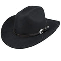 Black Western Cowboy Hat for Women Men Retro Felt Fedora with Gus Buckle Belt Rolled Wide Brim Classic Rodeo Cowgirl Hat