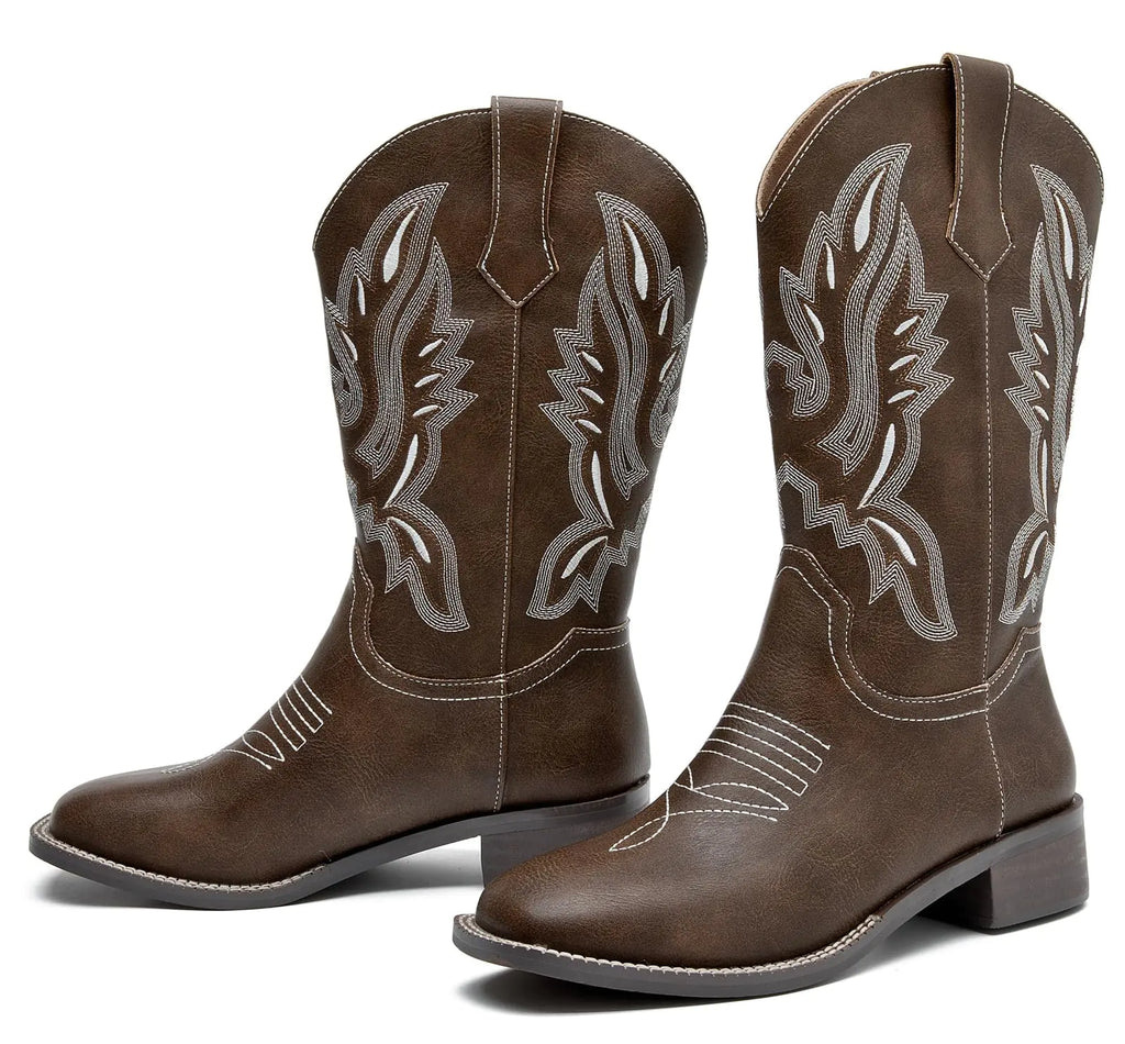DADAWEN Womens Cowboy Boots Mid Calf Cowgirl Boots Embroidered Square Toe Pull On Western Boots Dark Brown US Size 7