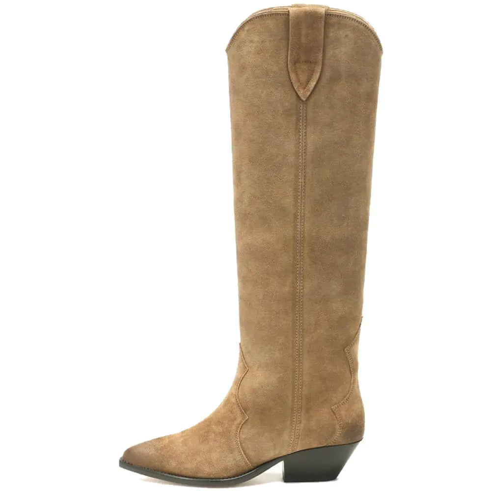 YIYA Womens Western Suede Cowboy Knee High Boots Classic Pointed Toe Chunky Heel Cowgirl Boot Female Pull On Booties