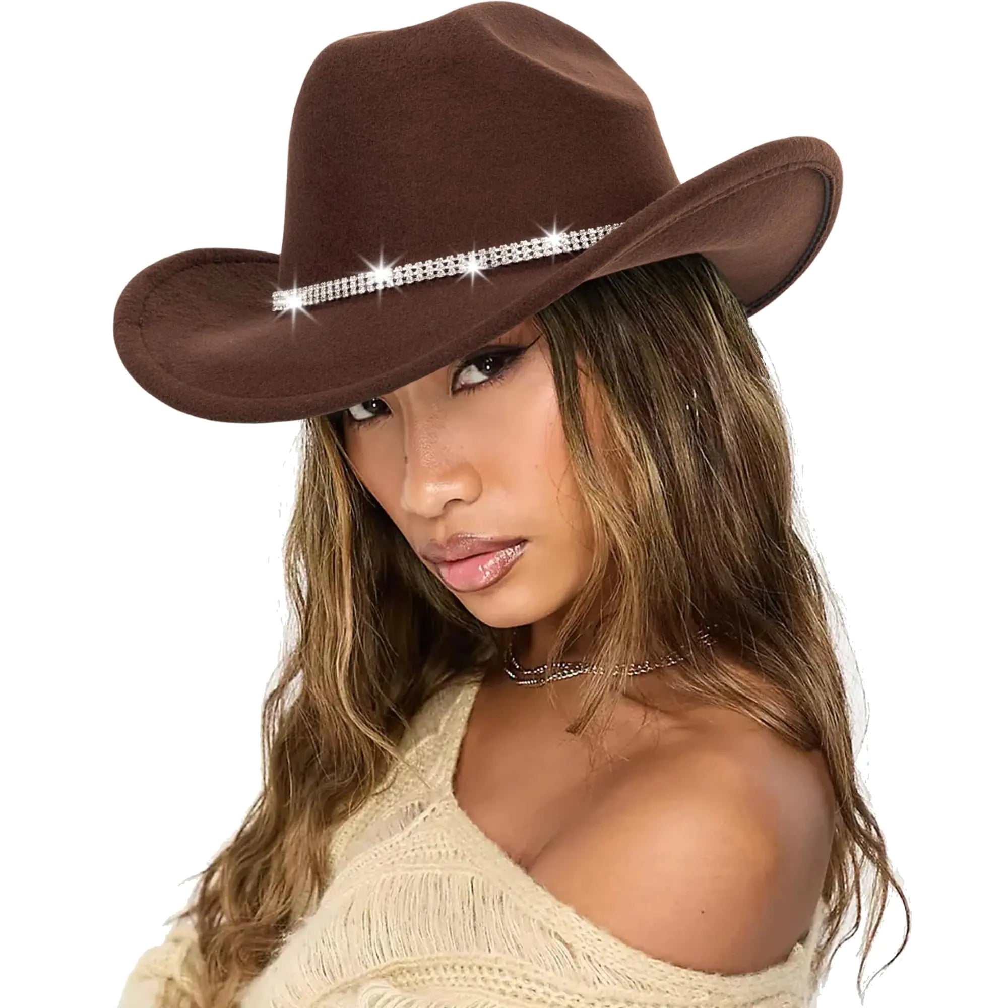 Western Women Cowgirl Hat Felt Fedora Men Rolled Wide Brim Rodeo Hat Buckle Belt Bling Rhinestone Disco Brown Cowboy Hat