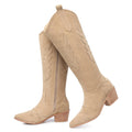 SHIBEVER Cowboy Boots for Women Knee High Suede Pointed Toe Cowgirl Boots Embroidered Pull-On Chunky Heel Western Boots Khaki 6.5