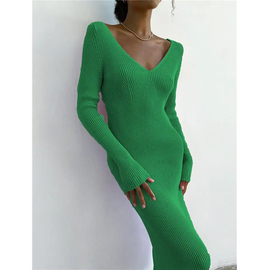 Long-Sleeved Knitted Women's Striped Dress Skirt