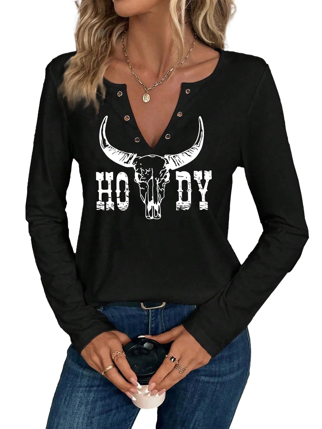 Womens Howdy Shirts Cowgirl Country Concert Outfits Cute Western Graphic Tees Casual Summer Notched Neck Long Sleeve Tops (BlackXL)