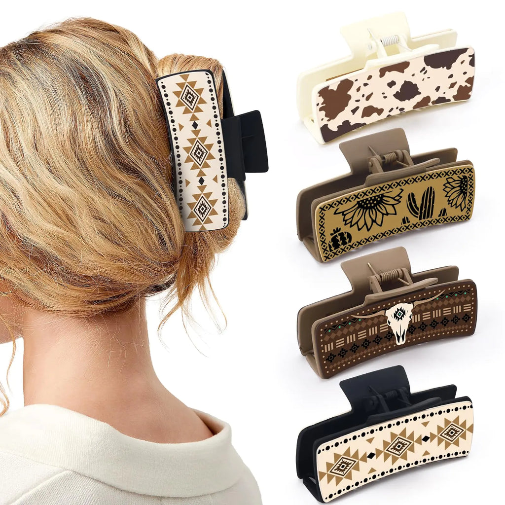 Yussti Western Leather Hair Claw Clips Sunflower Floral Square Claw Clips for Hairstyling Southwest Cow Print Cowhide Hair Accessories Large Aesthetic Western Cowgirl Stuff Gift for Women Girls