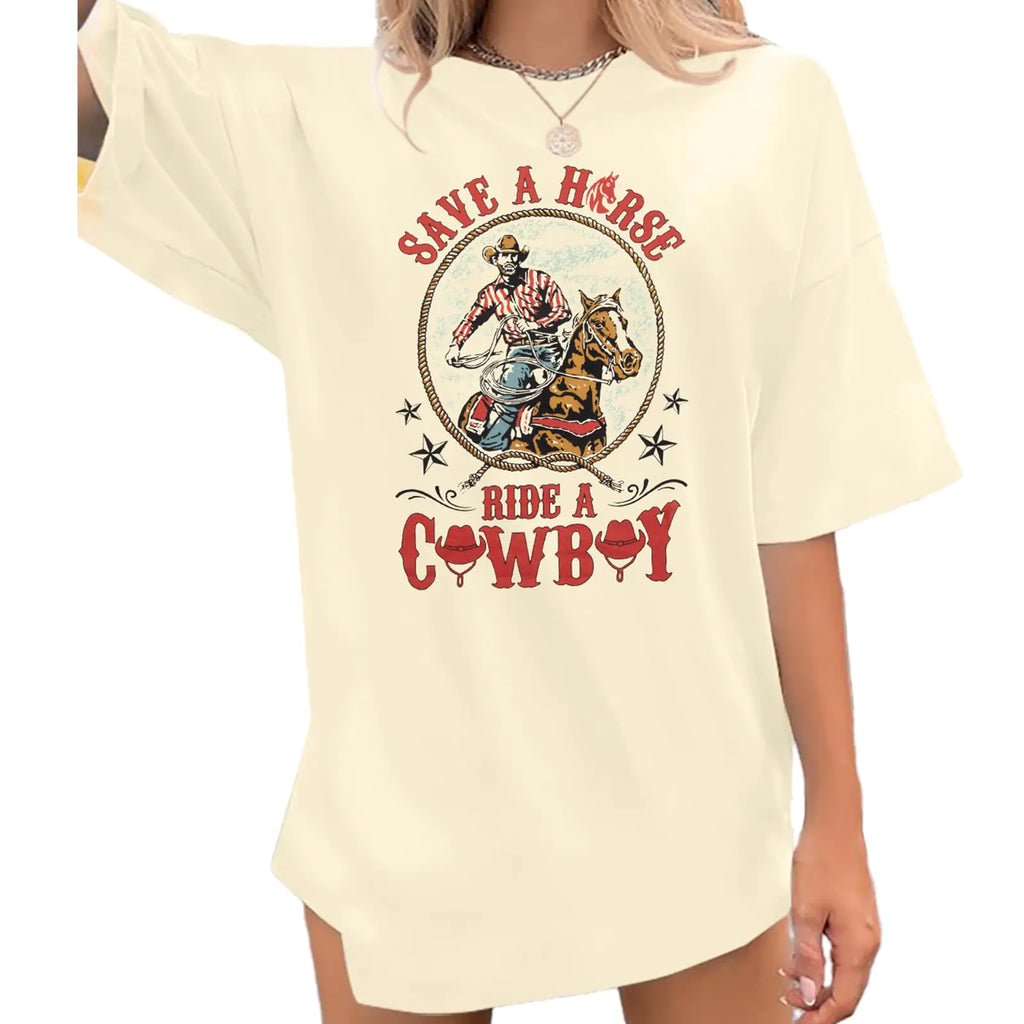 Cowgirl Shirts for Women Oversized Western Cowboy Graphic T-Shirt Rodeo Country Concert Short Sleeve Tops Apricot