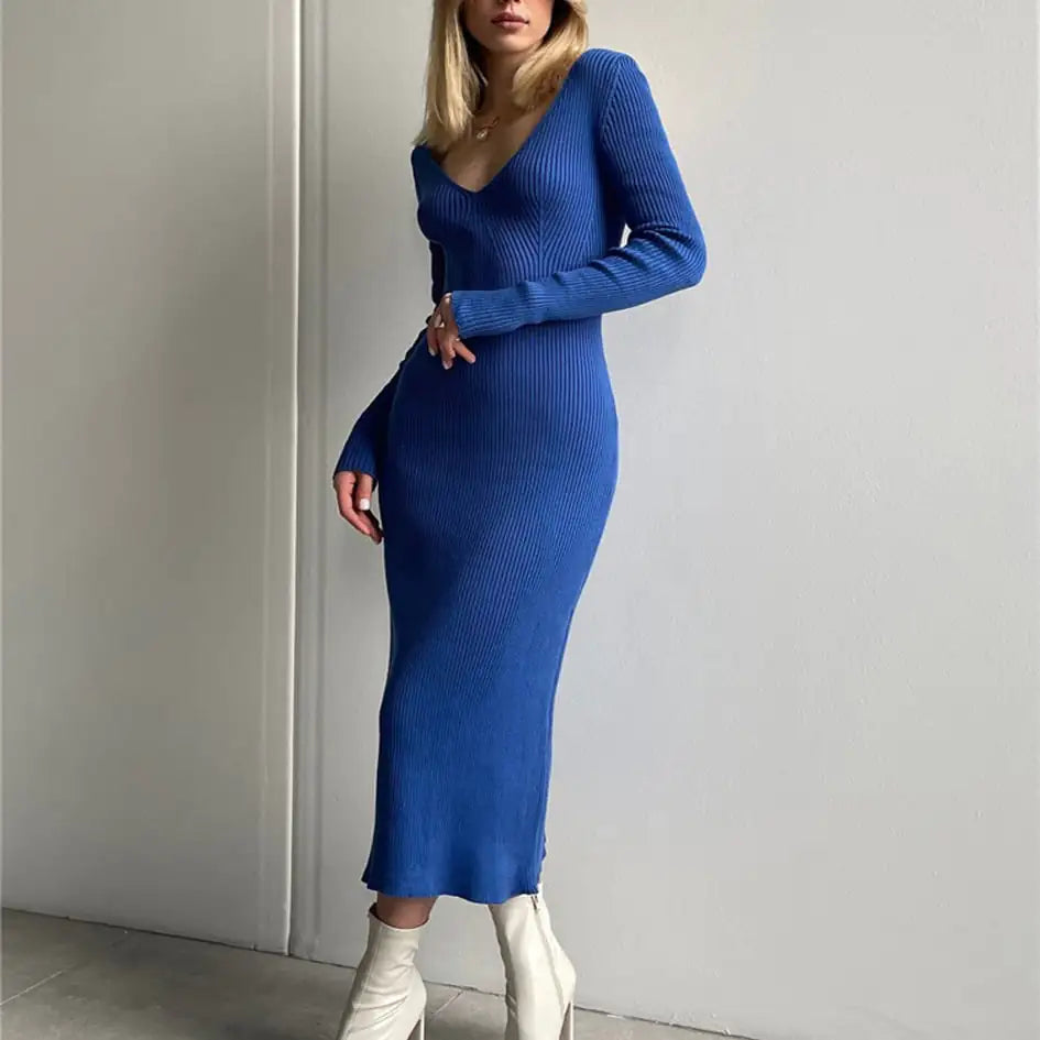 Long-Sleeved Knitted Women's Striped Dress Skirt