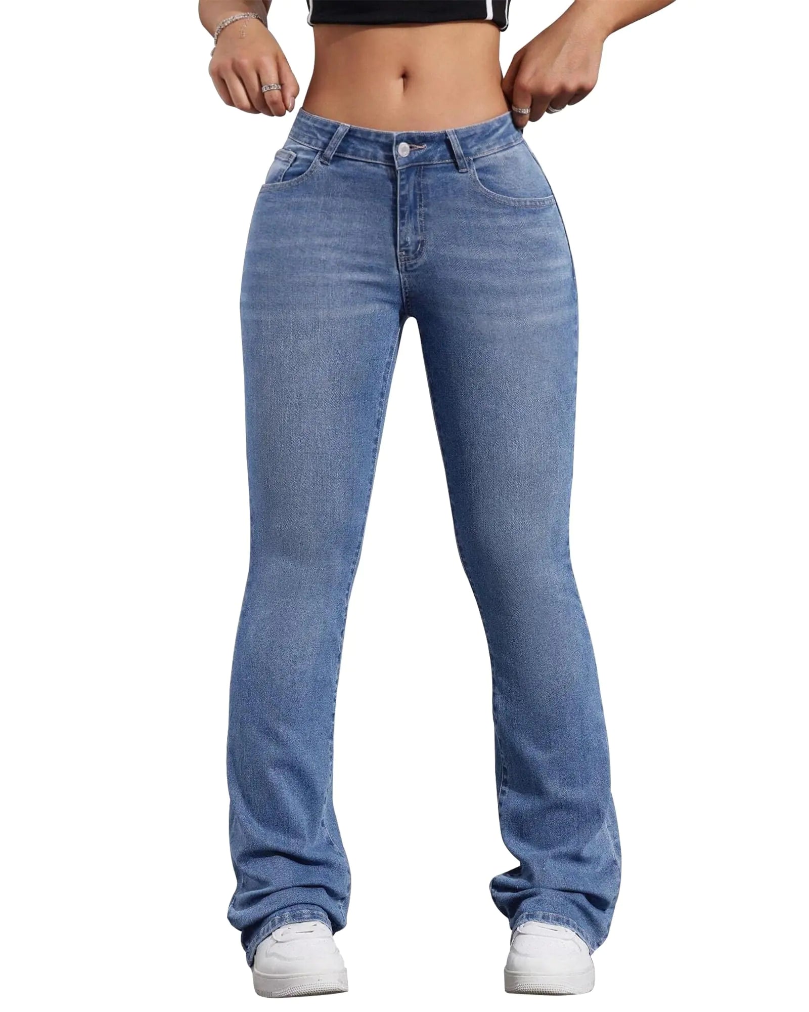 Womens Low Waisted Stretchy Flare Jeans Causal Bootcut Denim Pants Jean Mid Blue M.