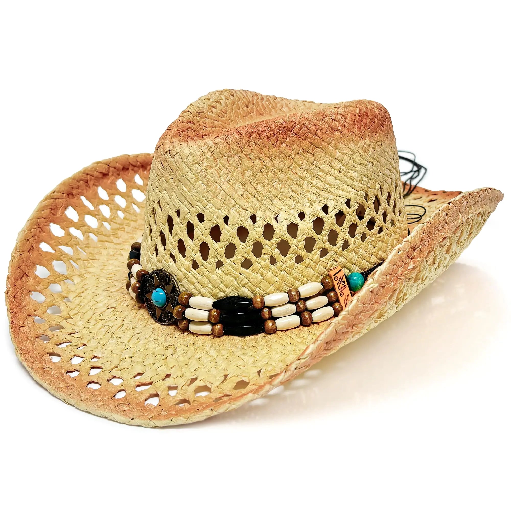 Amlisia Cowboy Hat Straw Cowboy Hats for Women Men Vintage Western Cowgirl Hat with Beaded Trim and Wide Brim Turquoise