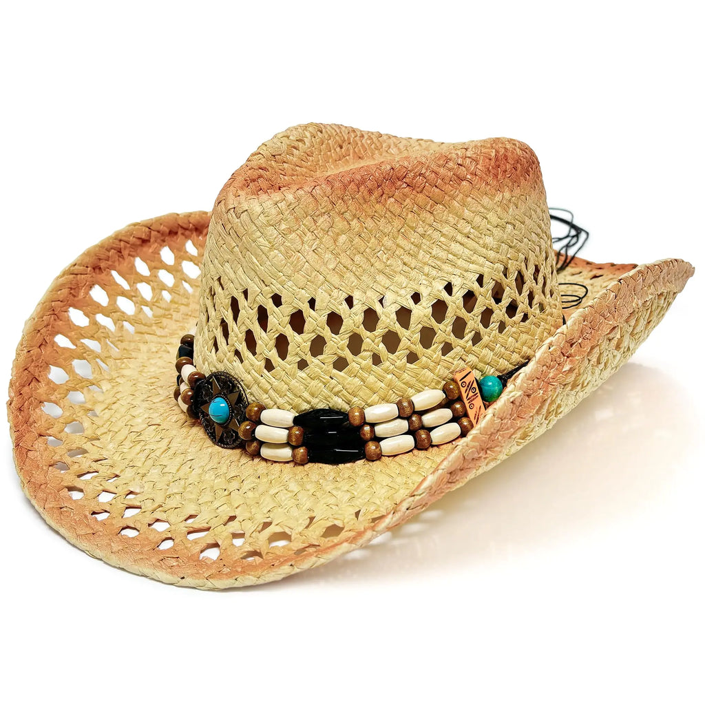 Amlisia Cowboy Hat Straw Cowboy Hats for Women Men Vintage Western Cowgirl Hat with Beaded Trim and Wide Brim Turquoise