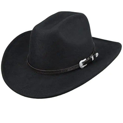 Black Western Cowboy Hat for Women Men Retro Felt Fedora with Gus Buckle Belt Rolled Wide Brim Classic Rodeo Cowgirl Hat