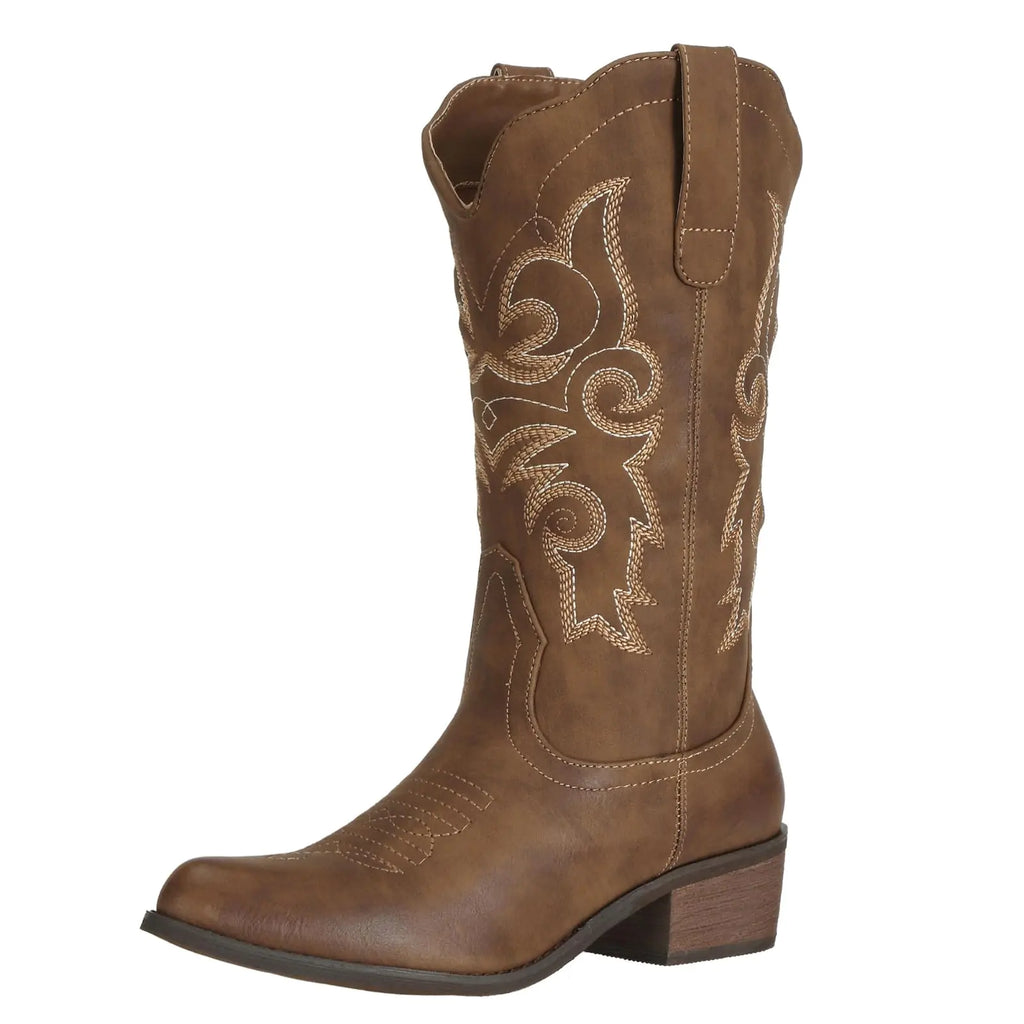 Js.o.l.e Western Cowgirl Cowboy Boots for Women Mid Wide Calf Pointed Toe Riding Country Brown Boots US Size 9